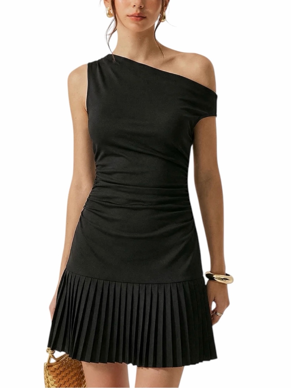 Commense Black One Shoulder Ruched Pleated Mini Dress Small NWT Linen Blend